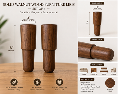 Four solid walnut wood furniture legs shown on a tabletop with dimension callouts, a detail view inset, and feature icons. Text reads 'Solid Walnut Wood Furniture Legs - Set of 4' and includes width, height, finish, and suitable furniture types.