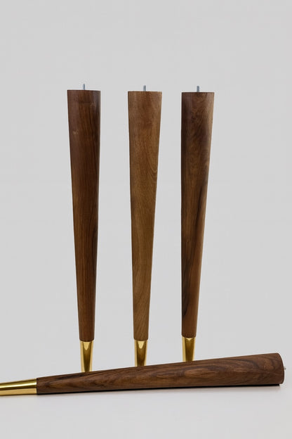 Set of four tapered walnut furniture legs with brass coated cups