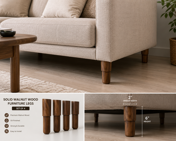 Set of 4 solid wood furniture legs with mounting hardware for sofas, beds and cabinets